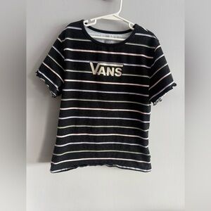 Vans Striped Logo Tee Shirt Women’s Medium Black Pastel Skate Lettuce Hem
